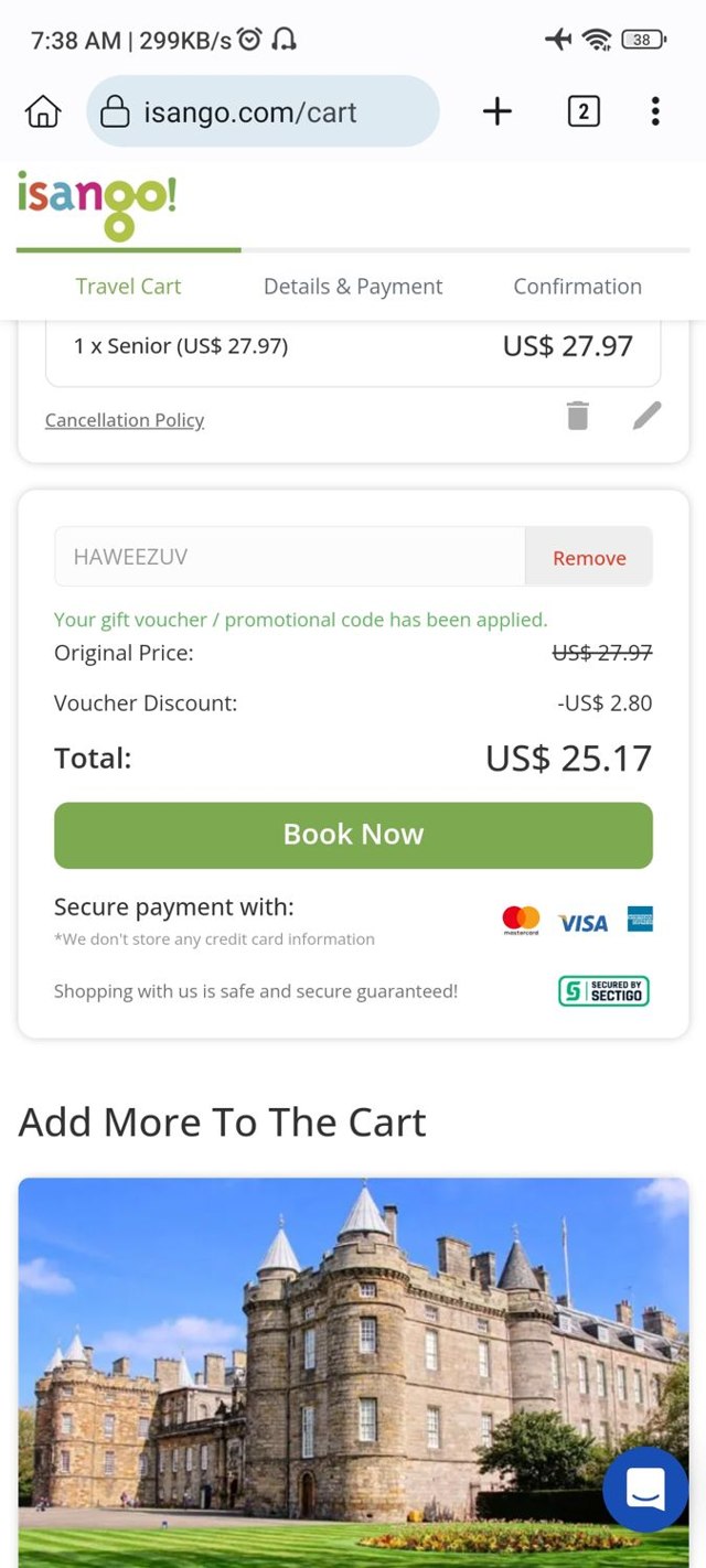 Isango checkout page showing Isango promo code box | Screenshot taken by SimplyCodes community member on Nov 22, 2023