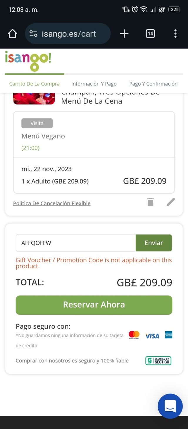Isango checkout page showing Isango promo code box | Screenshot taken by SimplyCodes community member on Nov 18, 2023