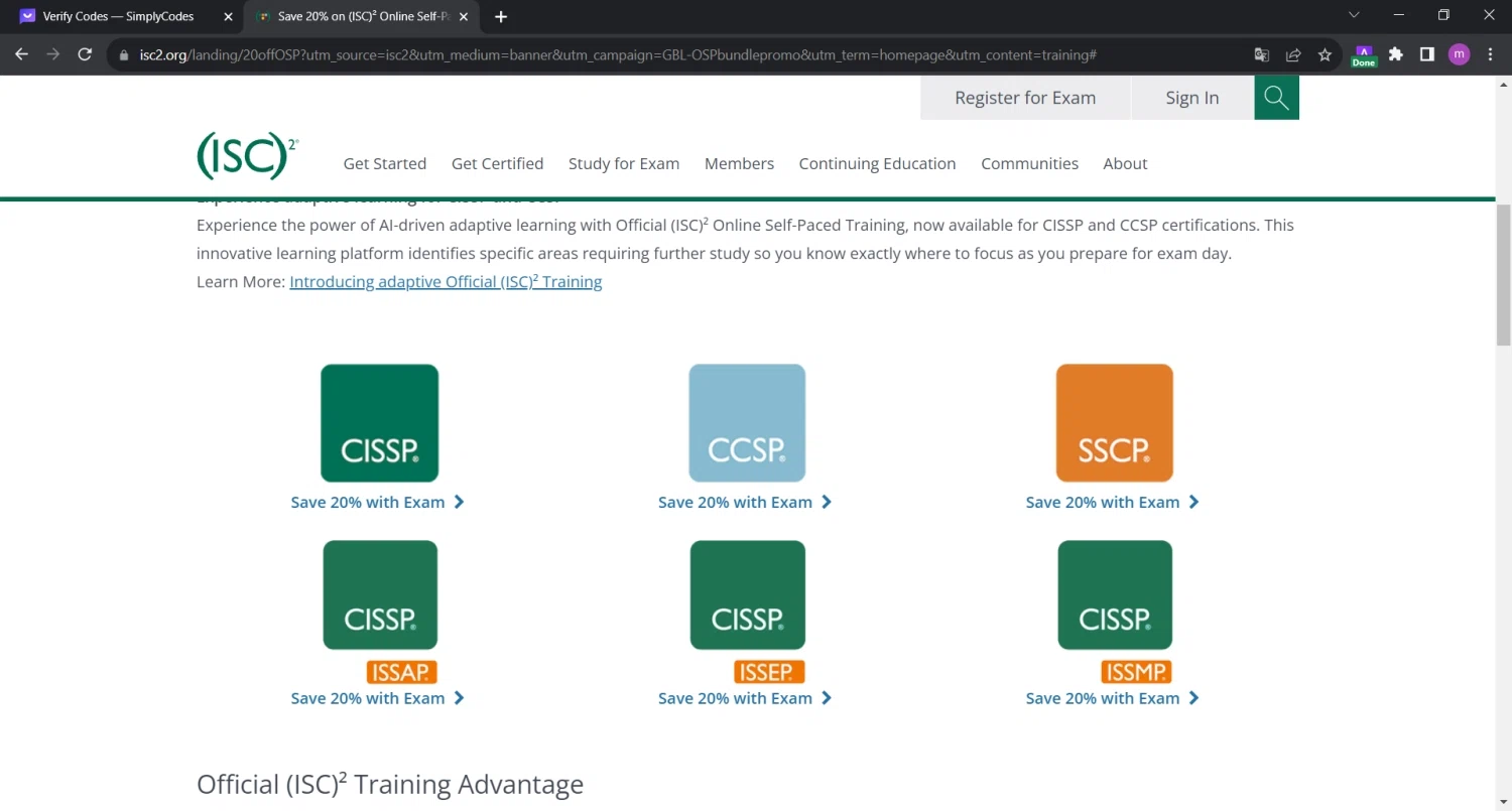 ISC2 checkout page showing ISC2 coupon code box | Screenshot taken by SimplyCodes community member on Aug 9, 2023