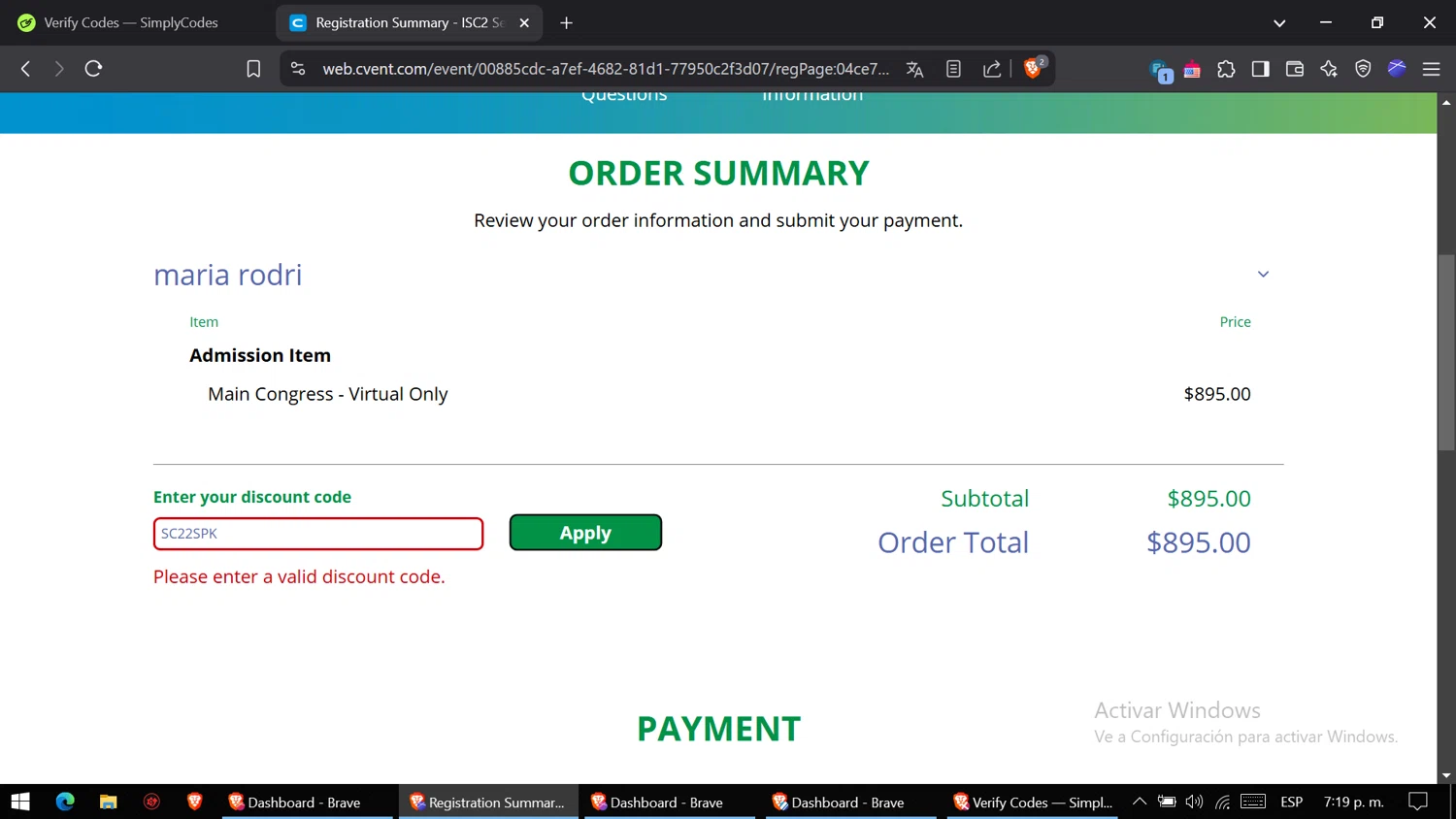 ISC2 coupon code screenshot showing code SC22SPK applied at ISC2 checkout page. Uploaded by SimplyCodes community member CoinVirtuoso9916 on Mar 8, 2025