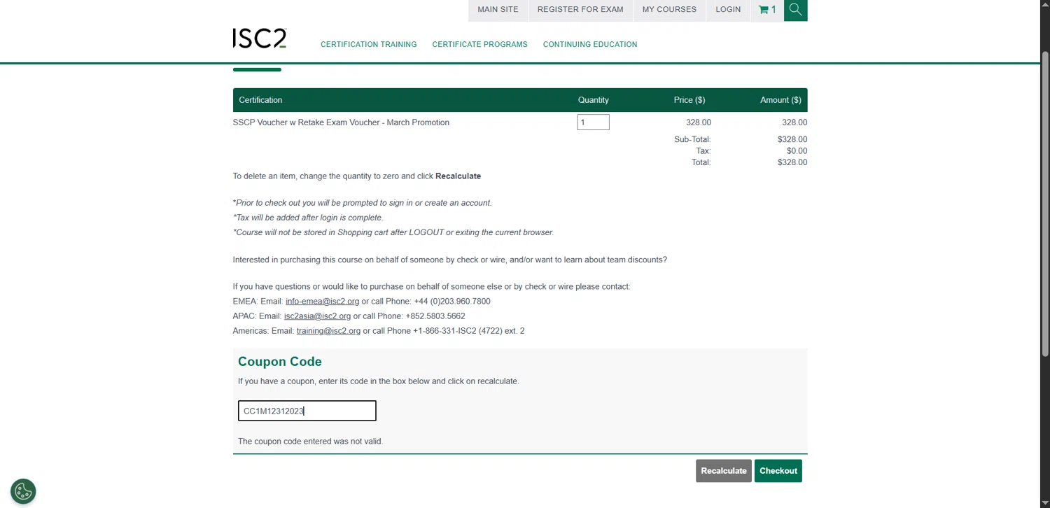 ISC2 coupon code screenshot showing code CC1M12312023 applied at ISC2 checkout page. Uploaded by SimplyCodes community member BonusLynx1493 on Mar 8, 2025