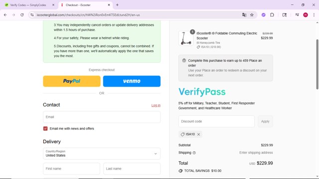 iScooter checkout page showing iScooter discount code box | Screenshot taken by SimplyCodes community member on Sep 7, 2025
