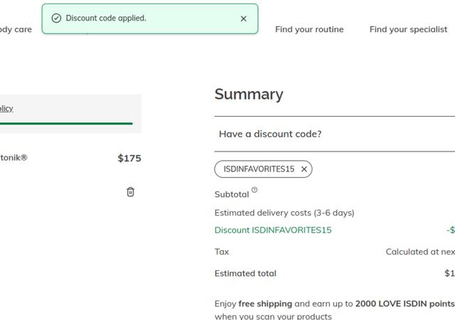 ISDIN checkout page showing ISDIN discount code box | Screenshot taken by SimplyCodes community member on Sep 3, 2025
