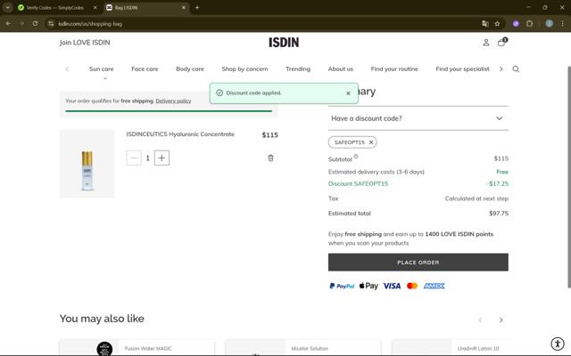 ISDIN checkout page showing ISDIN discount code box | Screenshot taken by SimplyCodes community member on Aug 23, 2025