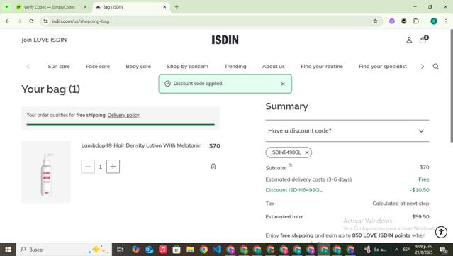 ISDIN checkout page showing ISDIN discount code box | Screenshot taken by SimplyCodes community member on Aug 21, 2025