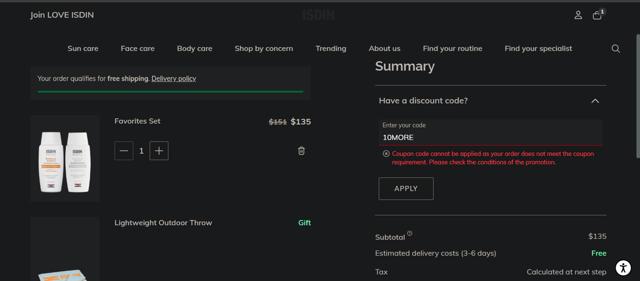 ISDIN checkout page showing ISDIN discount code box | Screenshot taken by SimplyCodes community member on Aug 21, 2025