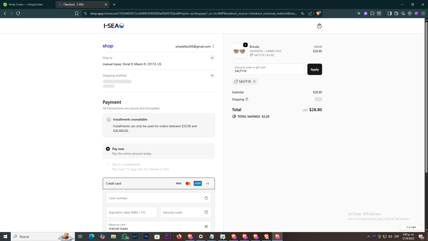 I-SEA coupon code screenshot showing code SALTY10 applied at I-SEA checkout page. Uploaded by SimplyCodes community member BOLITAS on Sep 21, 2025