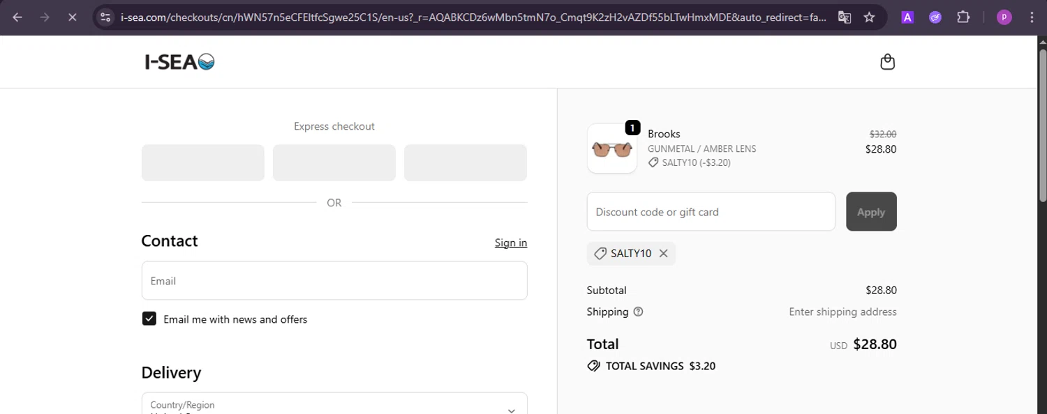 I-SEA coupon code screenshot showing code SALTY10 applied at I-SEA checkout page. Uploaded by SimplyCodes community member firoas on Nov 10, 2025