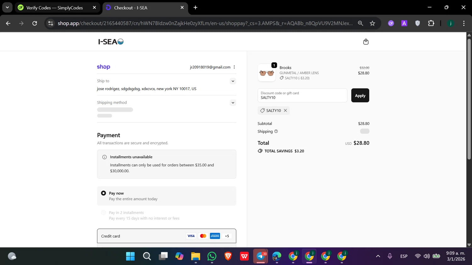 I-SEA coupon code screenshot showing code SALTY10 applied at I-SEA checkout page. Uploaded by SimplyCodes community member hanzell2 on Jan 3, 2026