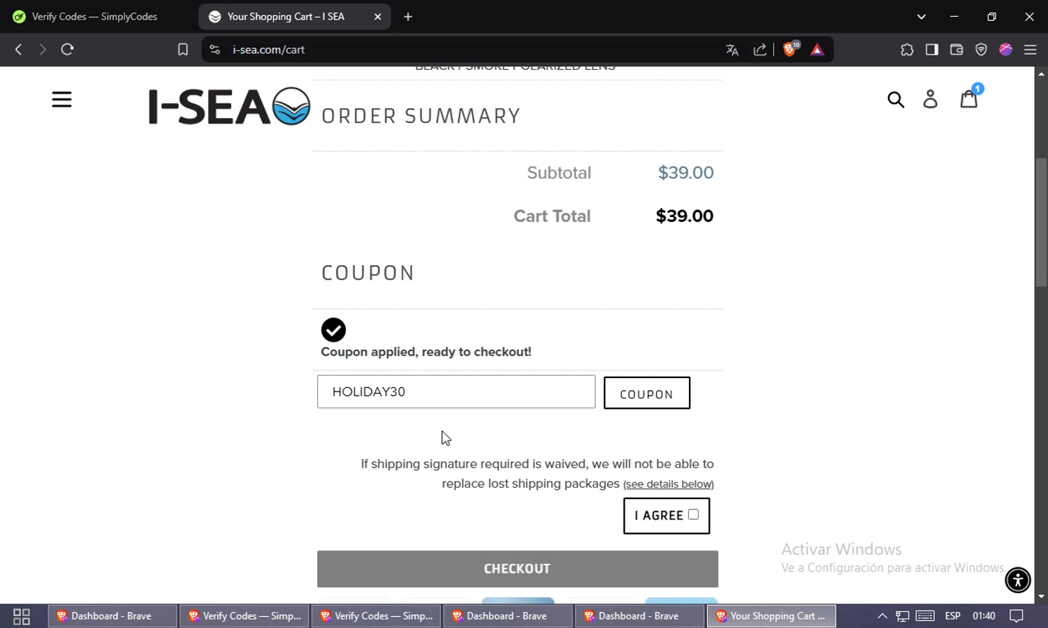 I-SEA coupon code screenshot showing code HOLIDAY30 applied at I-SEA checkout page. Uploaded by SimplyCodes community member Doomslayer on Feb 13, 2025