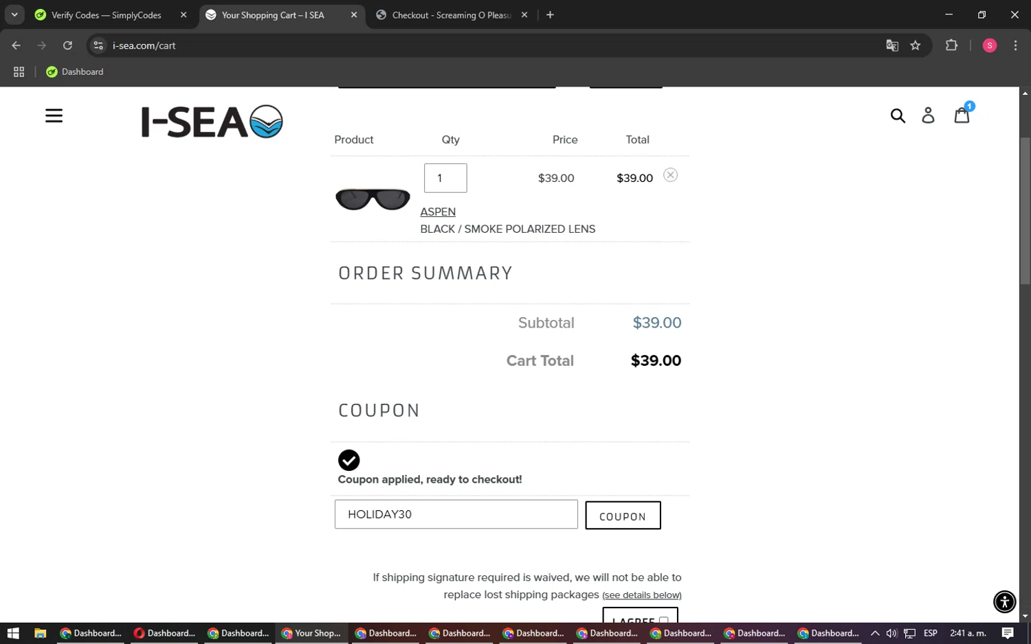 I-SEA coupon code screenshot showing code HOLIDAY30 applied at I-SEA checkout page. Uploaded by SimplyCodes community member BargainPilot4994 on Feb 13, 2025