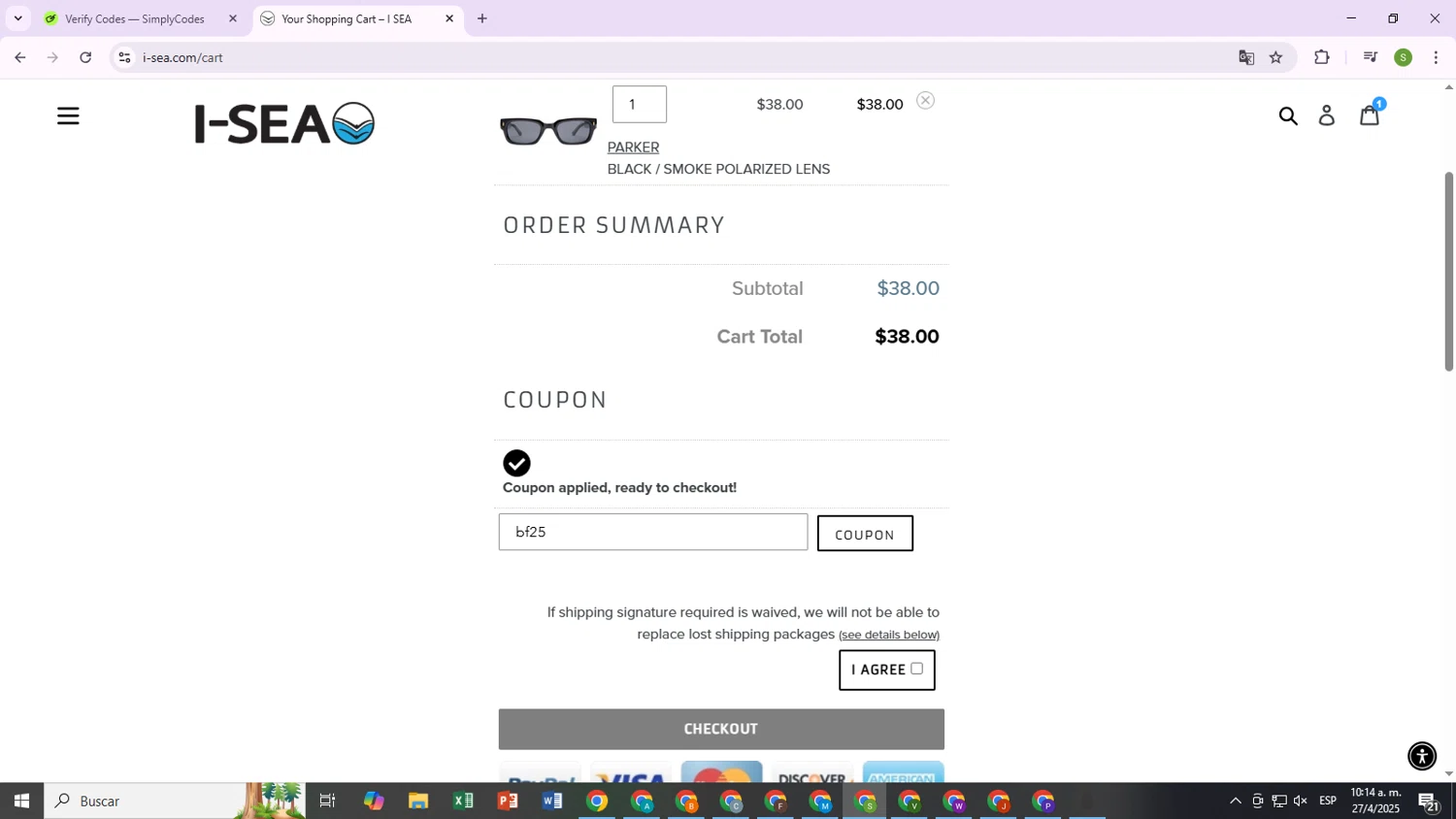 I-SEA coupon code screenshot showing code bf25 applied at I-SEA checkout page. Uploaded by SimplyCodes community member RewardOwl2444 on Apr 27, 2025