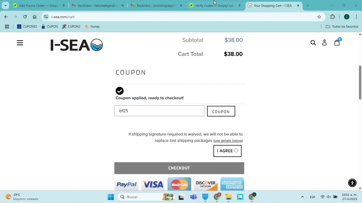 I-SEA coupon code screenshot showing code bf25 applied at I-SEA checkout page. Uploaded by SimplyCodes community member jorgejavierherrera on Apr 27, 2025