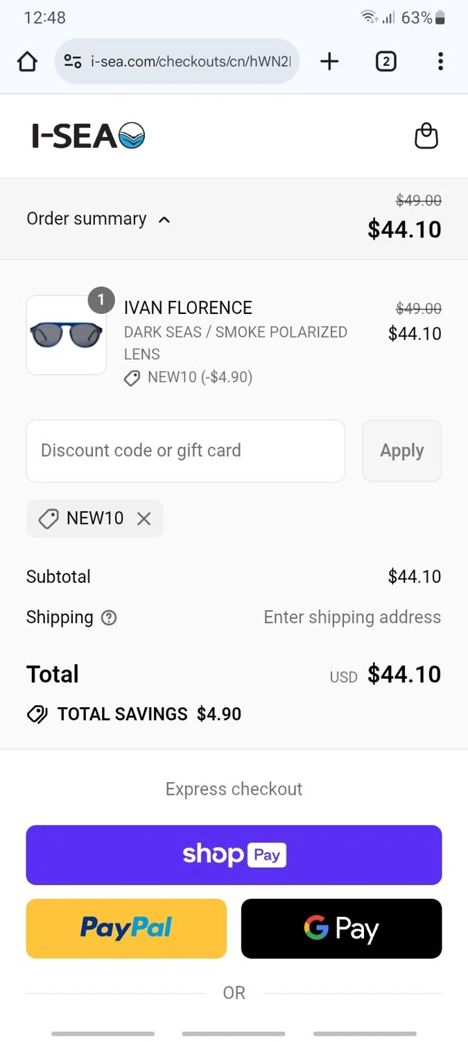 I-SEA coupon code screenshot showing code NEW10 applied at I-SEA checkout page. Uploaded by SimplyCodes community member Ric_alfon on Aug 27, 2025