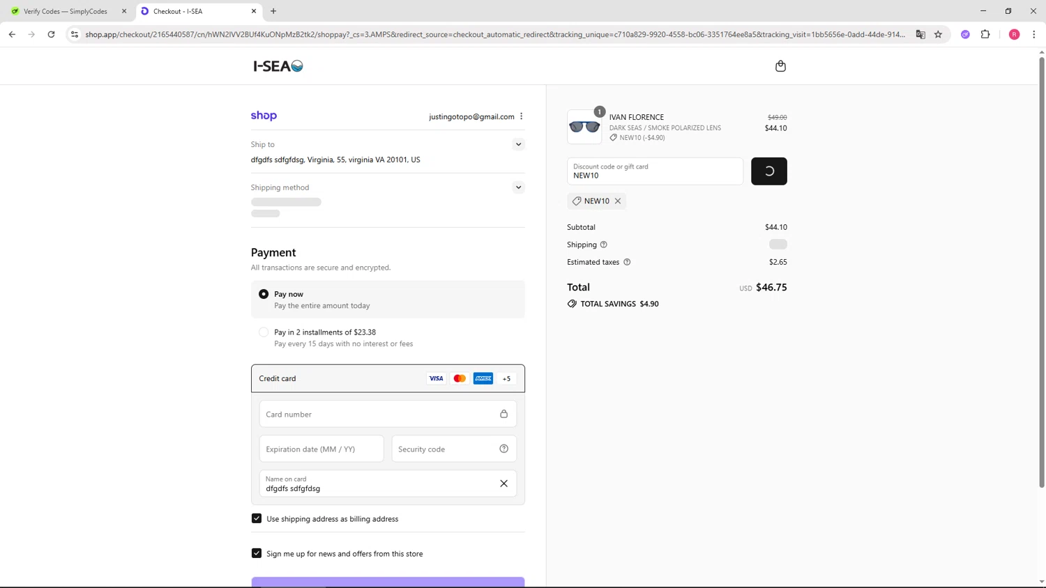 I-SEA coupon code screenshot showing code NEW10 applied at I-SEA checkout page. Uploaded by SimplyCodes community member TTTT55 on Sep 9, 2025