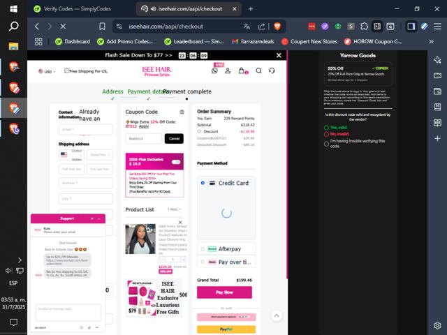 Isee Hair checkout page showing Isee Hair coupon code box | Screenshot taken by SimplyCodes community member on Jul 31, 2025