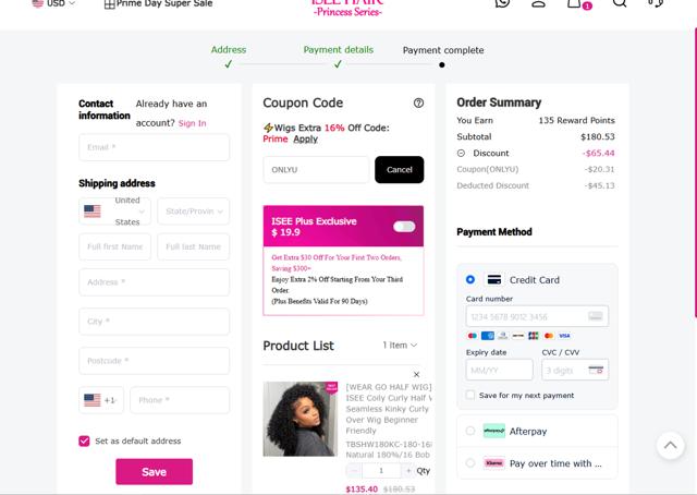 Isee Hair checkout page showing Isee Hair coupon code box | Screenshot taken by SimplyCodes community member on Jul 9, 2025