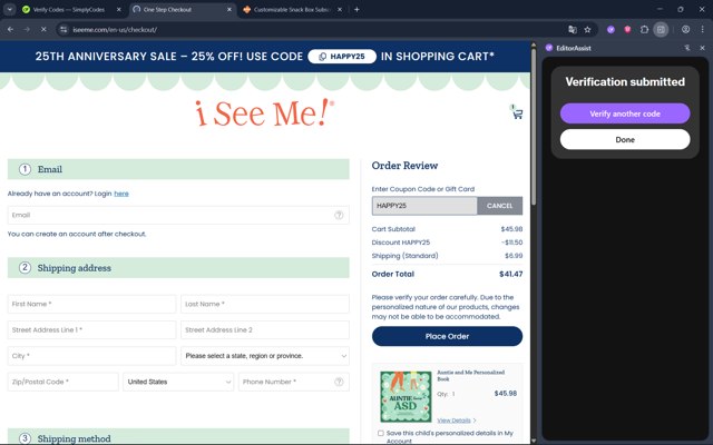 ISeeMe checkout page showing ISeeMe discount code box | Screenshot taken by SimplyCodes community member on Aug 28, 2025
