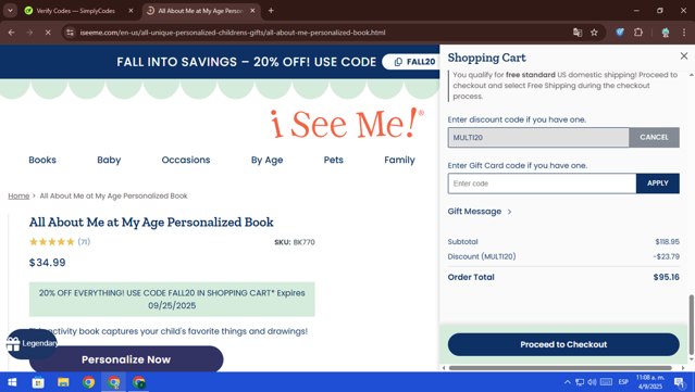 ISeeMe checkout page showing ISeeMe discount code box | Screenshot taken by SimplyCodes community member on Sep 4, 2025