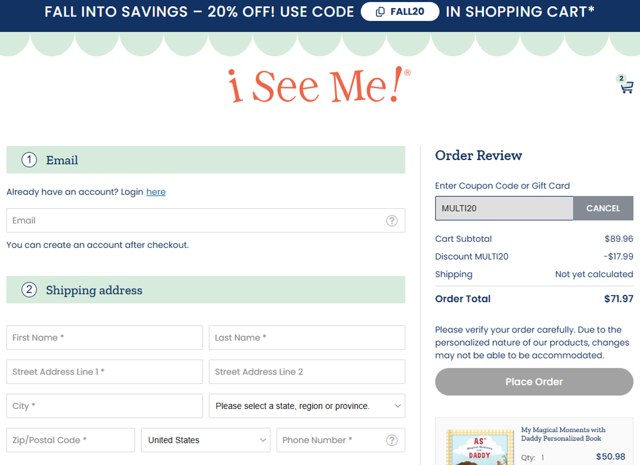 ISeeMe checkout page showing ISeeMe discount code box | Screenshot taken by SimplyCodes community member on Sep 4, 2025
