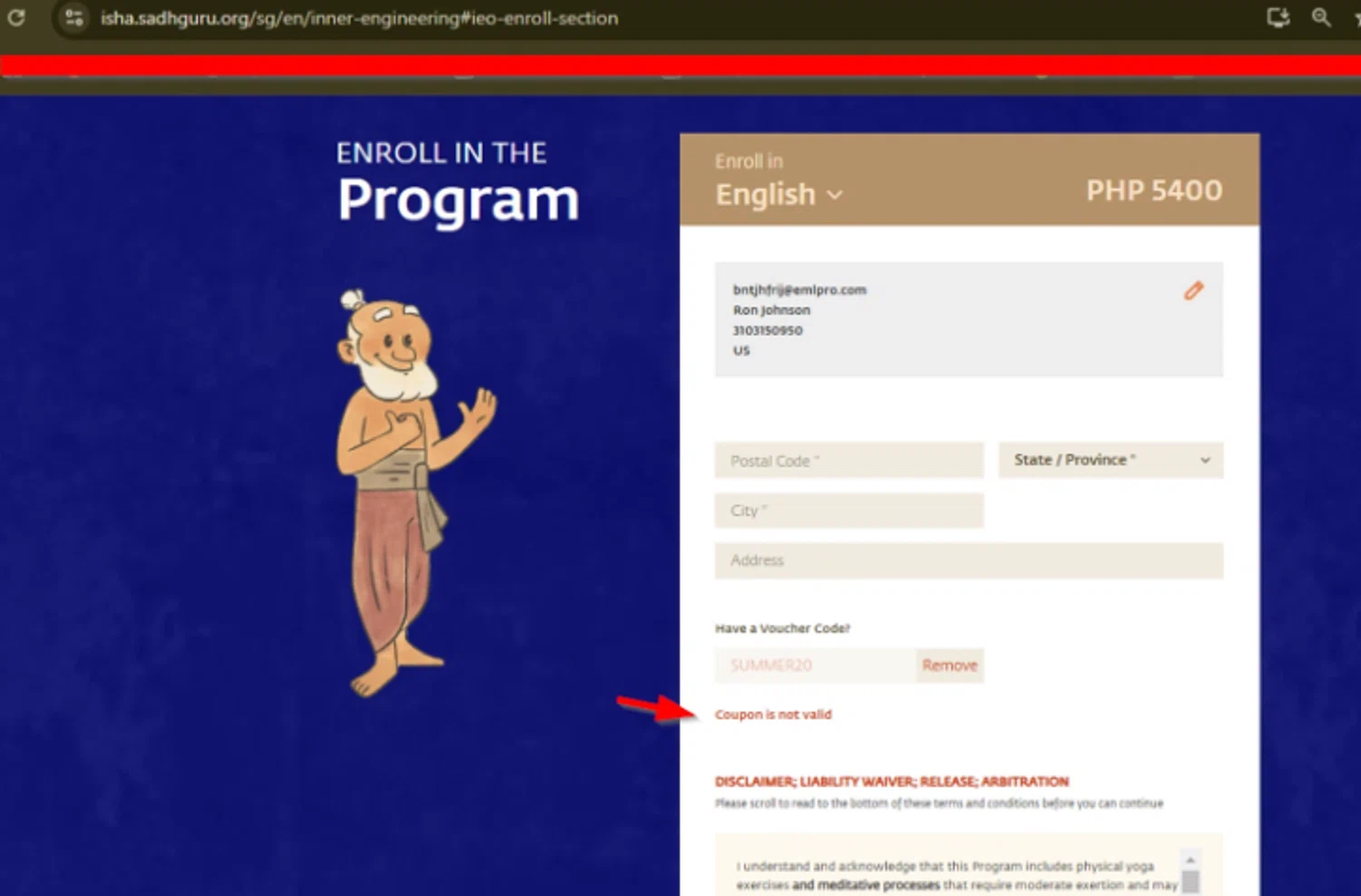 Isha Foundation coupon code screenshot showing code SUMMER20 applied at Isha Foundation checkout page. Uploaded by SimplyCodes community member SimplyCVerlie on Feb 14, 2025