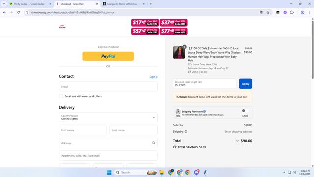 Ishow Hair checkout page showing Ishow Hair coupon code box | Screenshot taken by SimplyCodes community member on Sep 11, 2025
