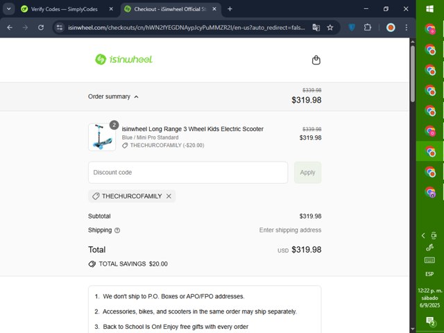 iSinwheel US checkout page showing iSinwheel US promo code box | Screenshot taken by SimplyCodes community member on Sep 6, 2025