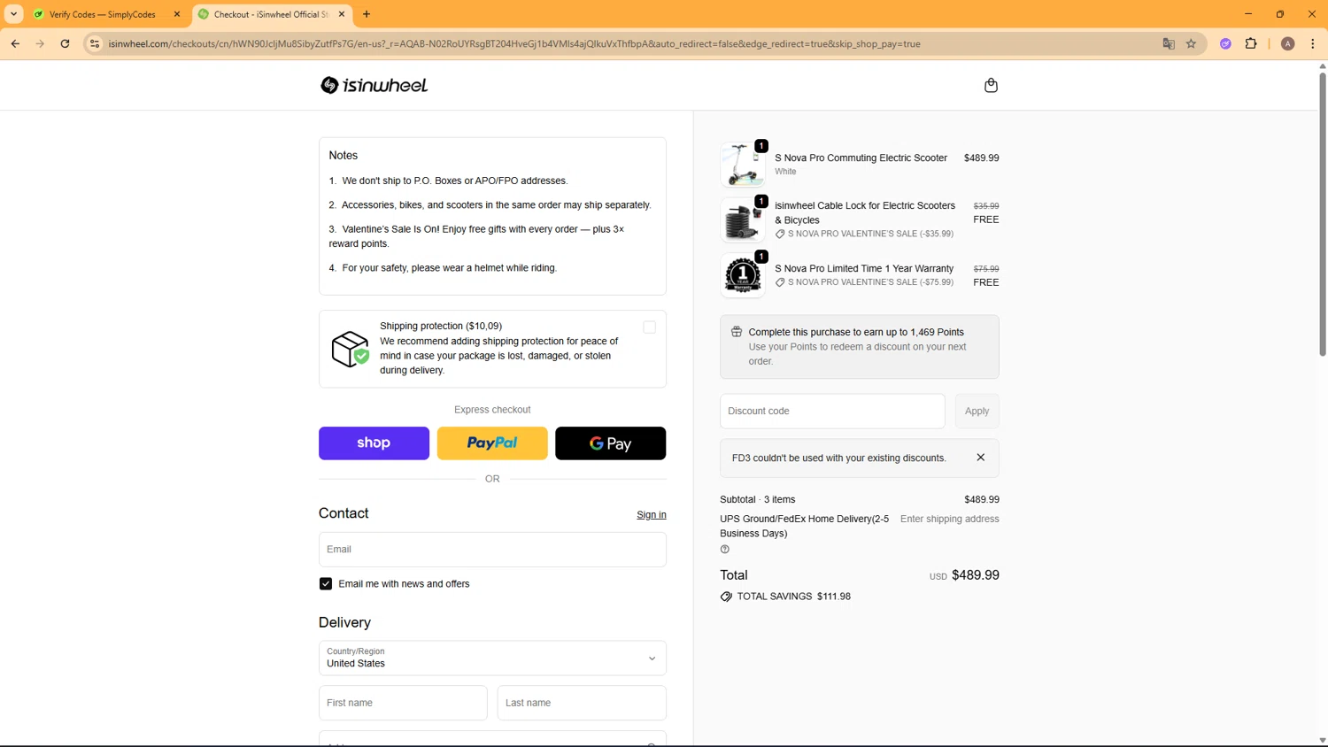 iSinwheel US promo code screenshot showing code FD3 applied at iSinwheel US checkout page. Uploaded by SimplyCodes community member CoinHunter8661 on Feb 20, 2026