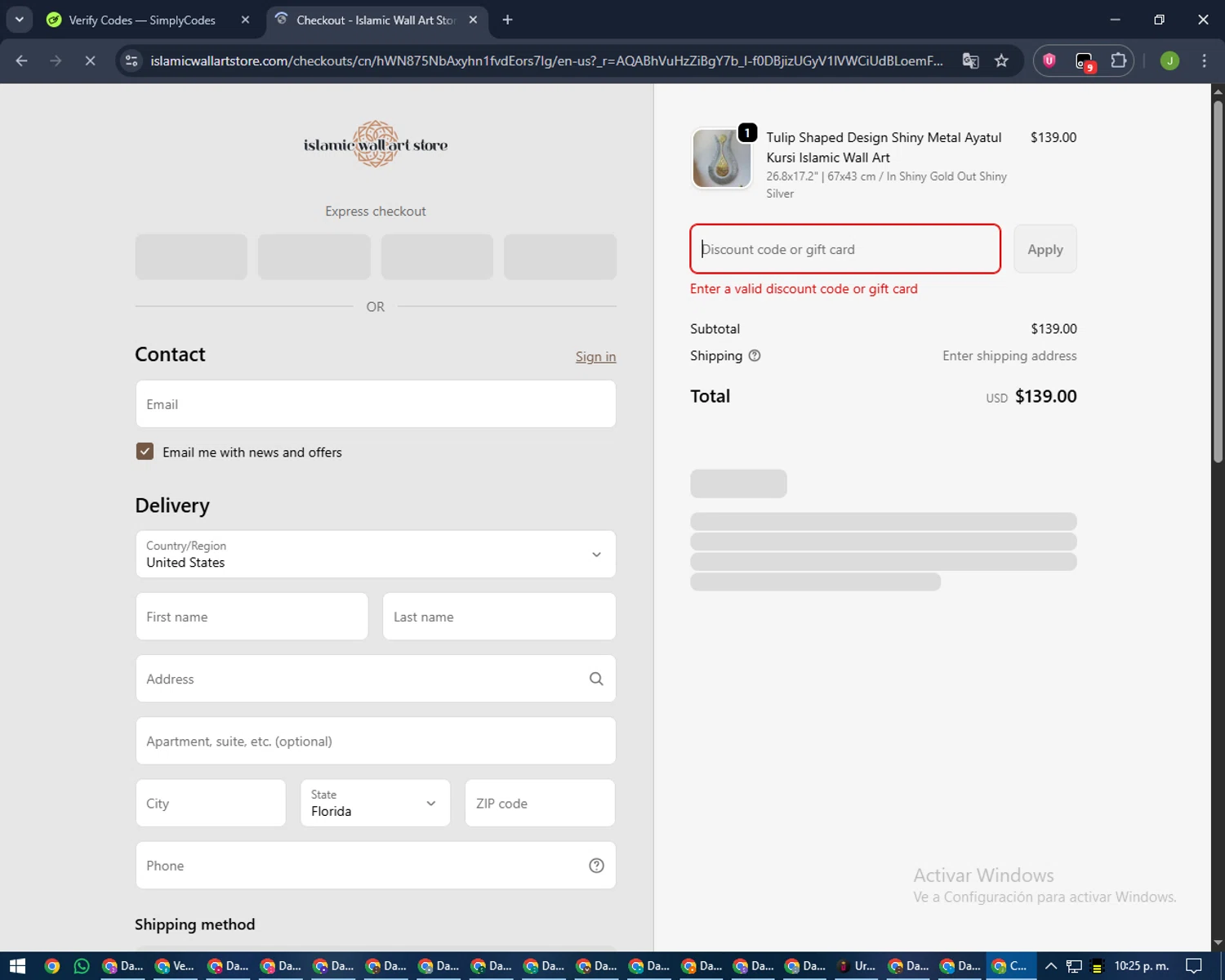 Islamic Wall Art discount code screenshot showing code NEWSLETTER applied at Islamic Wall Art checkout page. Uploaded by SimplyCodes community member LilBaby on Jan 28, 2026