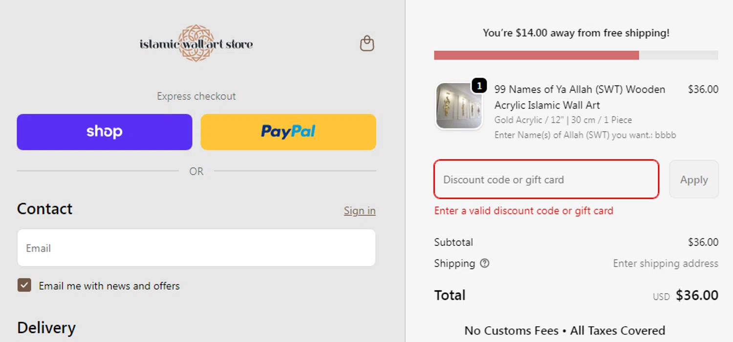 Islamic Wall Art discount code screenshot showing code NEWSLETTER applied at Islamic Wall Art checkout page. Uploaded by SimplyCodes community member SavvyAdmiral5704 on Jan 27, 2026