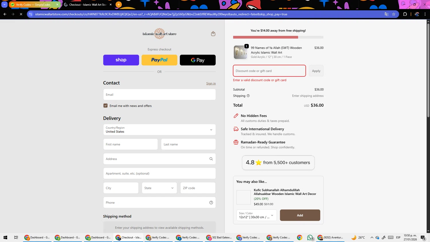 Islamic Wall Art discount code screenshot showing code NEWSLETTER applied at Islamic Wall Art checkout page. Uploaded by SimplyCodes community member TokenSleuth5758 on Jan 28, 2026