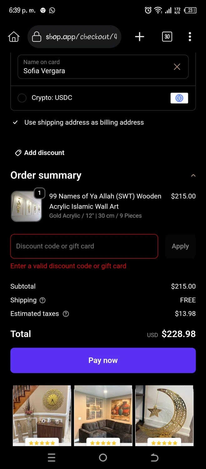 Islamic Wall Art discount code screenshot showing code RMDNWRBW8HHP applied at Islamic Wall Art checkout page. Uploaded by SimplyCodes community member Pipina11 on Feb 5, 2026