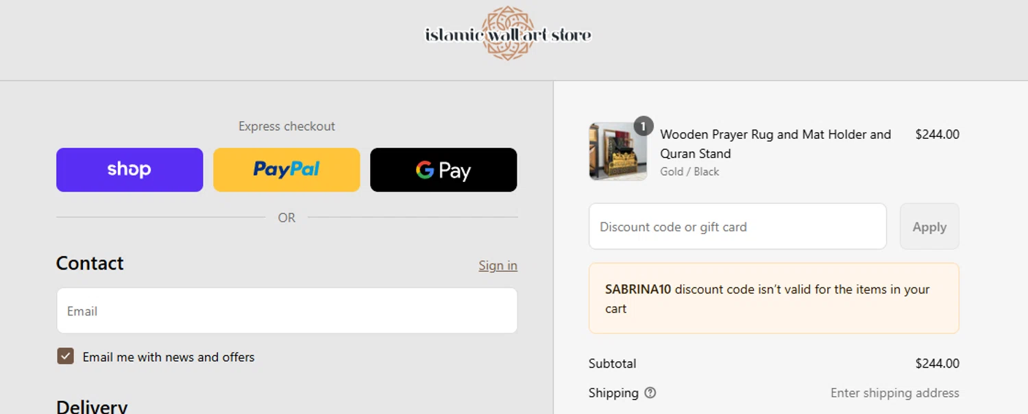 Islamic Wall Art discount code screenshot showing code SABRINA10 applied at Islamic Wall Art checkout page. Uploaded by SimplyCodes community member ashe1986 on Sep 12, 2025