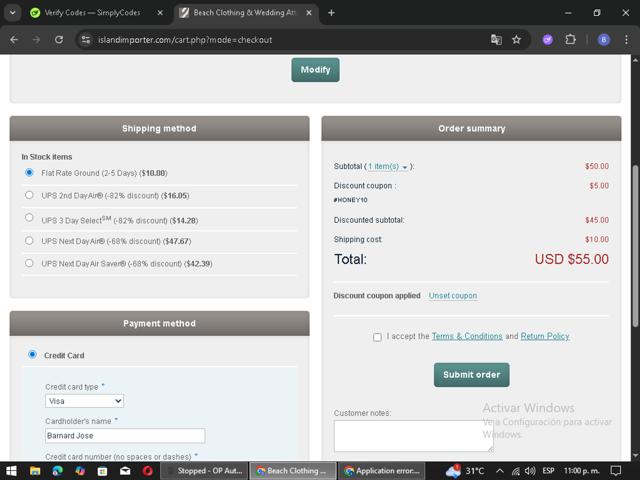 Island Importer checkout page showing Island Importer discount code box | Screenshot taken by SimplyCodes community member on Aug 8, 2025