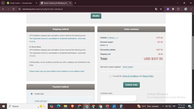 Island Importer checkout page showing Island Importer discount code box | Screenshot taken by SimplyCodes community member on Sep 6, 2025