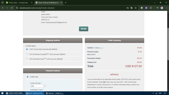 Island Importer checkout page showing Island Importer discount code box | Screenshot taken by SimplyCodes community member on Aug 16, 2025