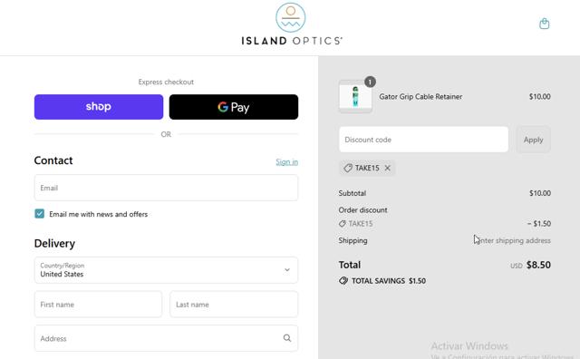 Island Optics checkout page showing Island Optics discount code box | Screenshot taken by SimplyCodes community member on Sep 11, 2025