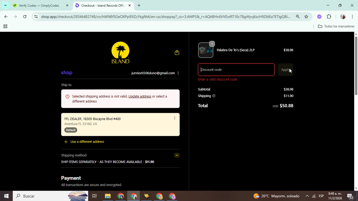 Island Records discount code screenshot showing code SECRET25 applied at Island Records checkout page. Uploaded by SimplyCodes community member Mujerdejunnior on Feb 11, 2026