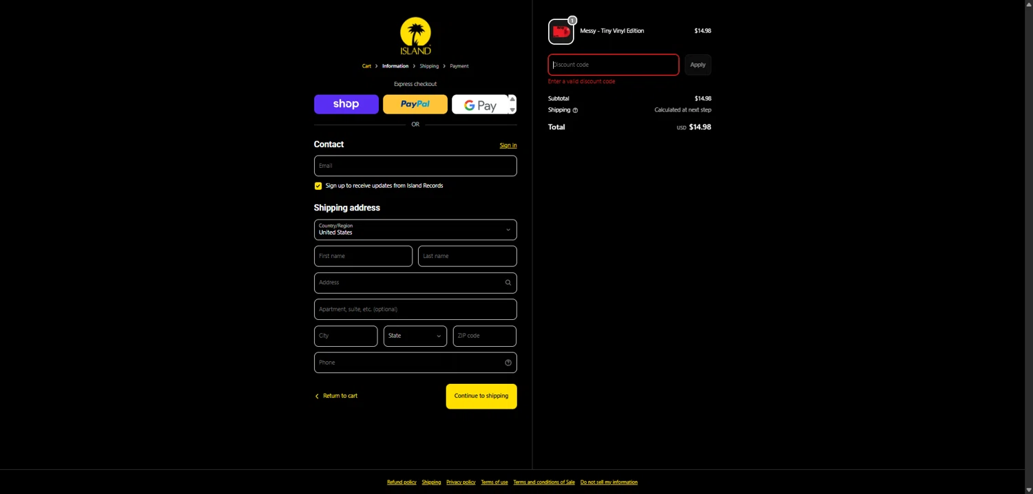 Island Records discount code screenshot showing code SECRET25 applied at Island Records checkout page. Uploaded by SimplyCodes community member NobleWarden1688 on Feb 17, 2026