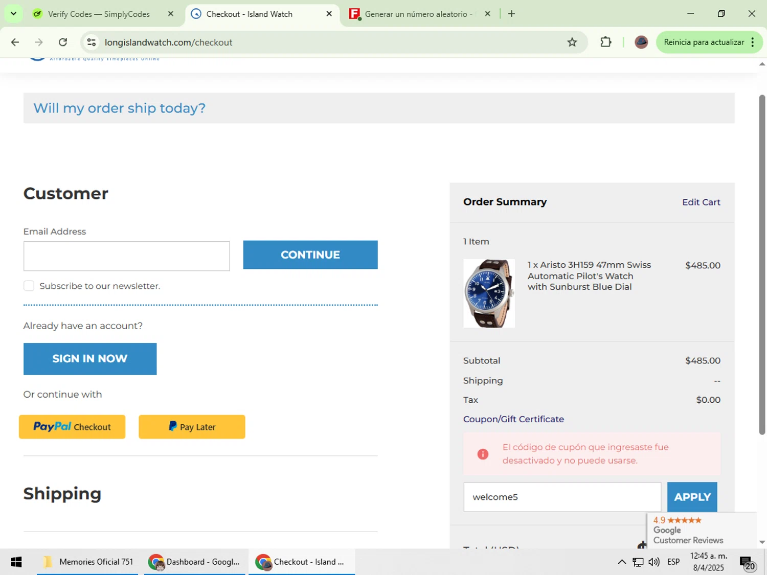 Long Island Watch promo code screenshot showing code welcome5 applied at Long Island Watch checkout page. Uploaded by SimplyCodes community member Rowan18 on Apr 7, 2025