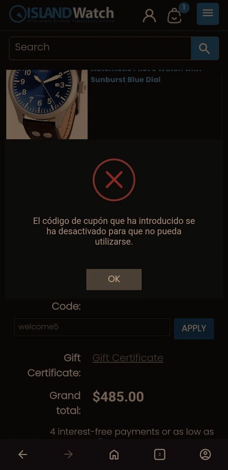 Long Island Watch promo code screenshot showing code welcome5 applied at Long Island Watch checkout page. Uploaded by SimplyCodes community member FrugalCaptain6906 on Apr 7, 2025