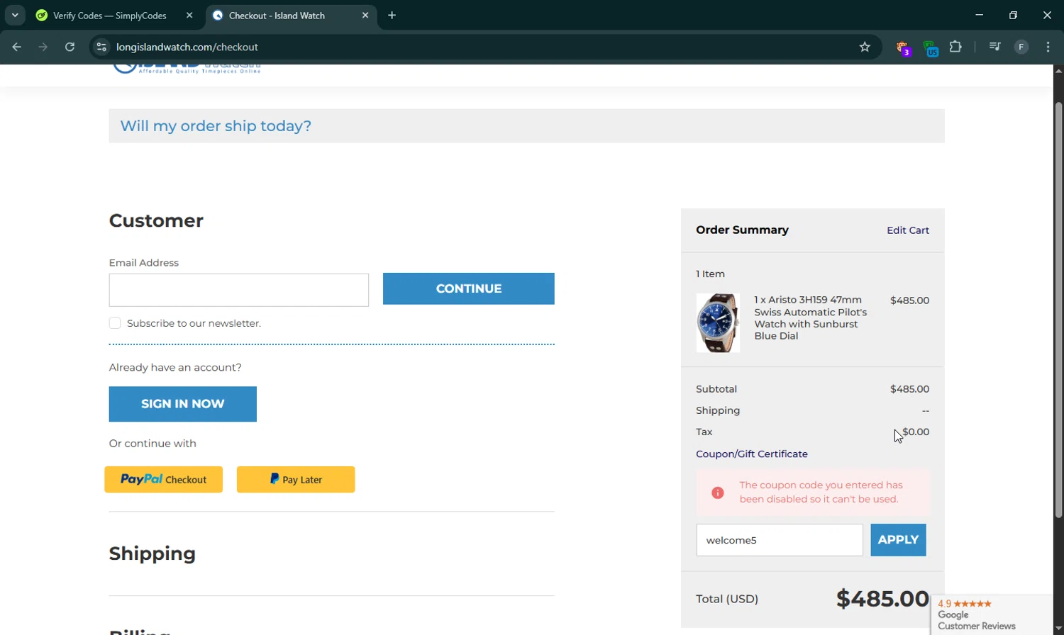 Long Island Watch promo code screenshot showing code welcome5 applied at Long Island Watch checkout page. Uploaded by SimplyCodes community member RewardLion6202 on Apr 8, 2025