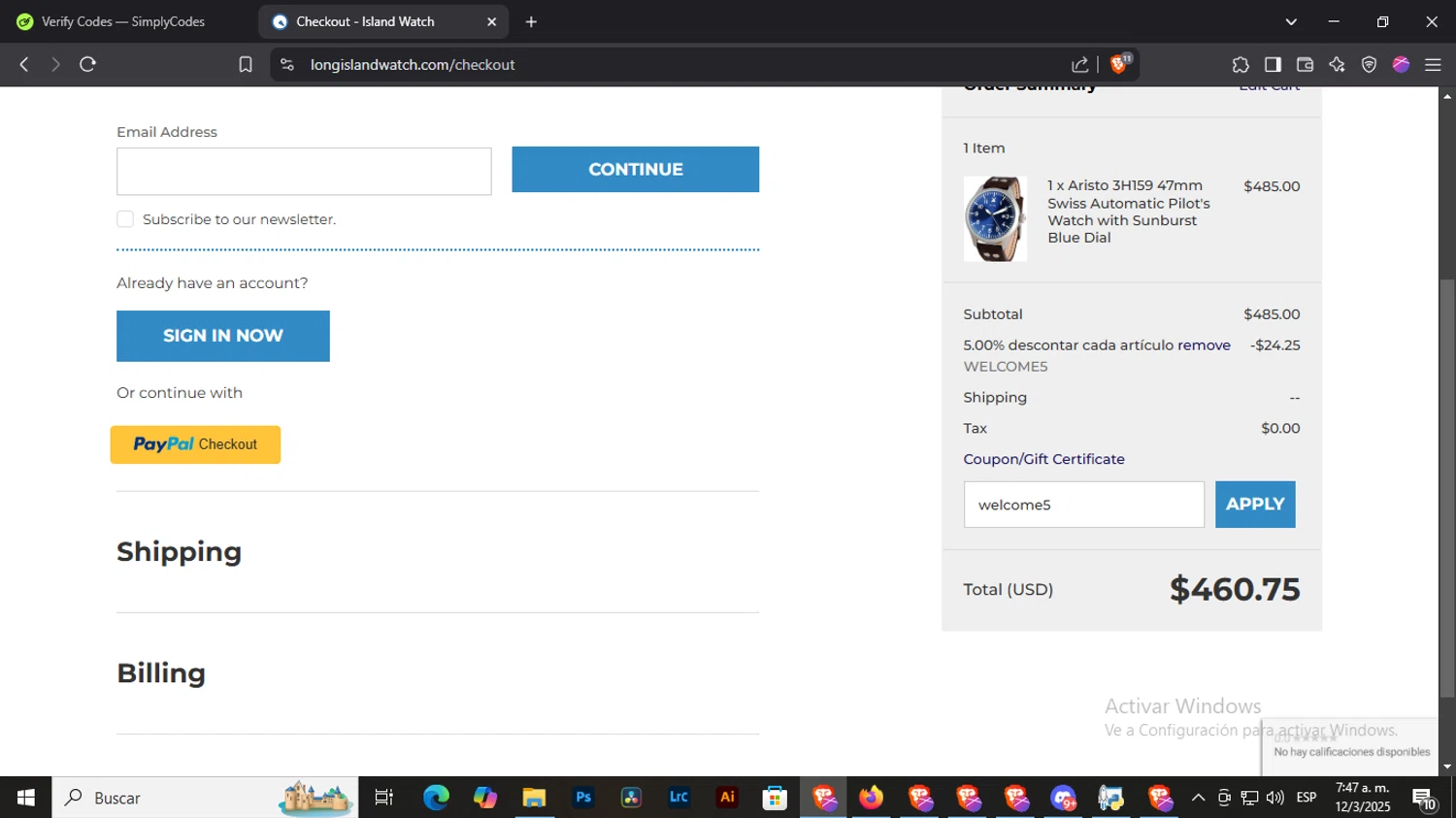 Long Island Watch checkout page showing Long Island Watch promo code box | Screenshot taken by SimplyCodes community member on Mar 12, 2025
