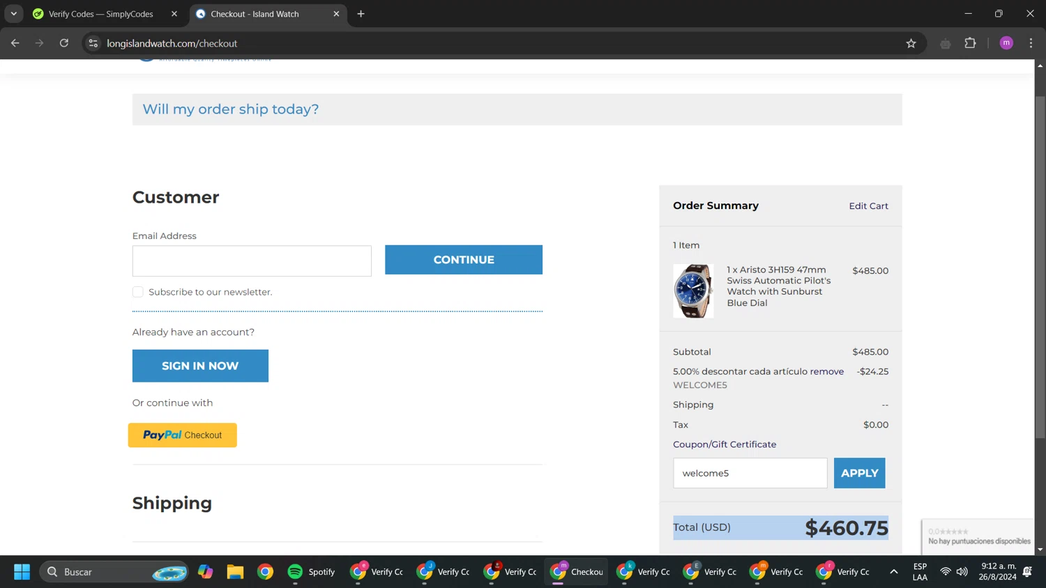 Long Island Watch checkout page showing Long Island Watch promo code box | Screenshot taken by SimplyCodes community member on Aug 26, 2024