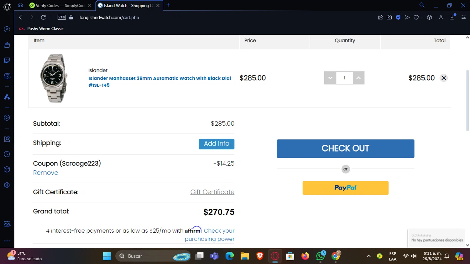 Long Island Watch checkout page showing Long Island Watch promo code box | Screenshot taken by SimplyCodes community member on Aug 26, 2024