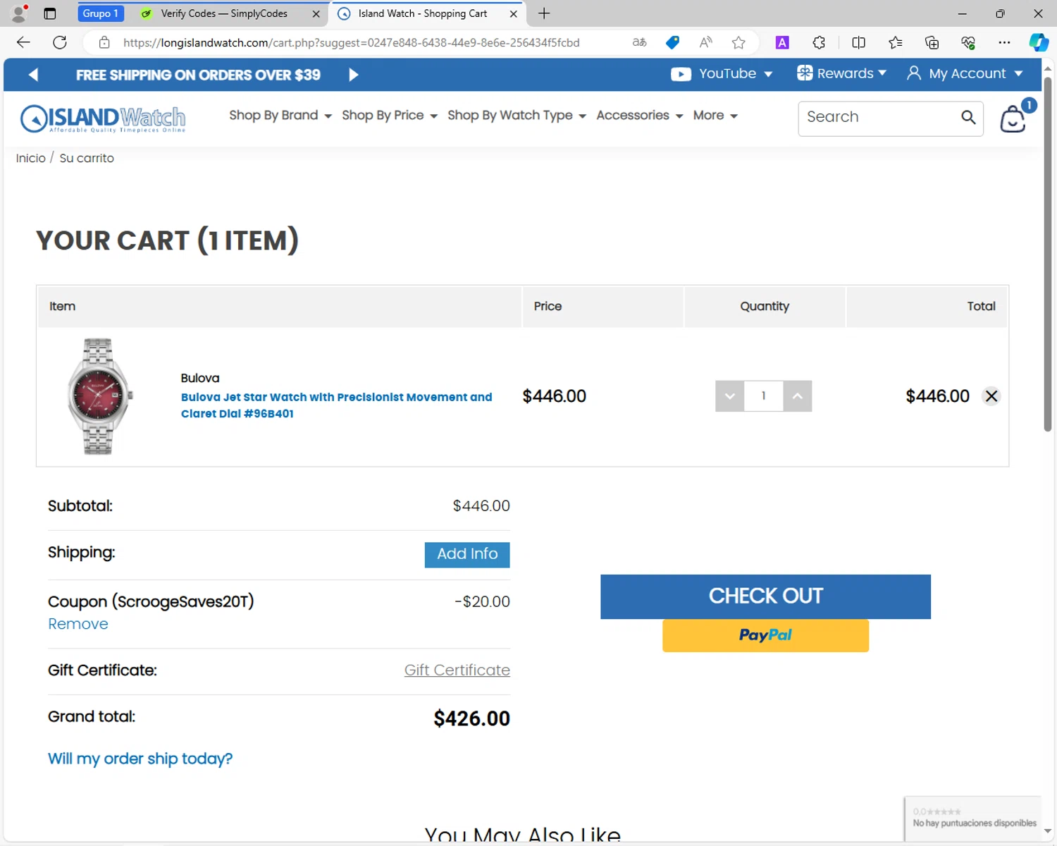 Long Island Watch checkout page showing Long Island Watch promo code box | Screenshot taken by SimplyCodes community member on Jun 8, 2024