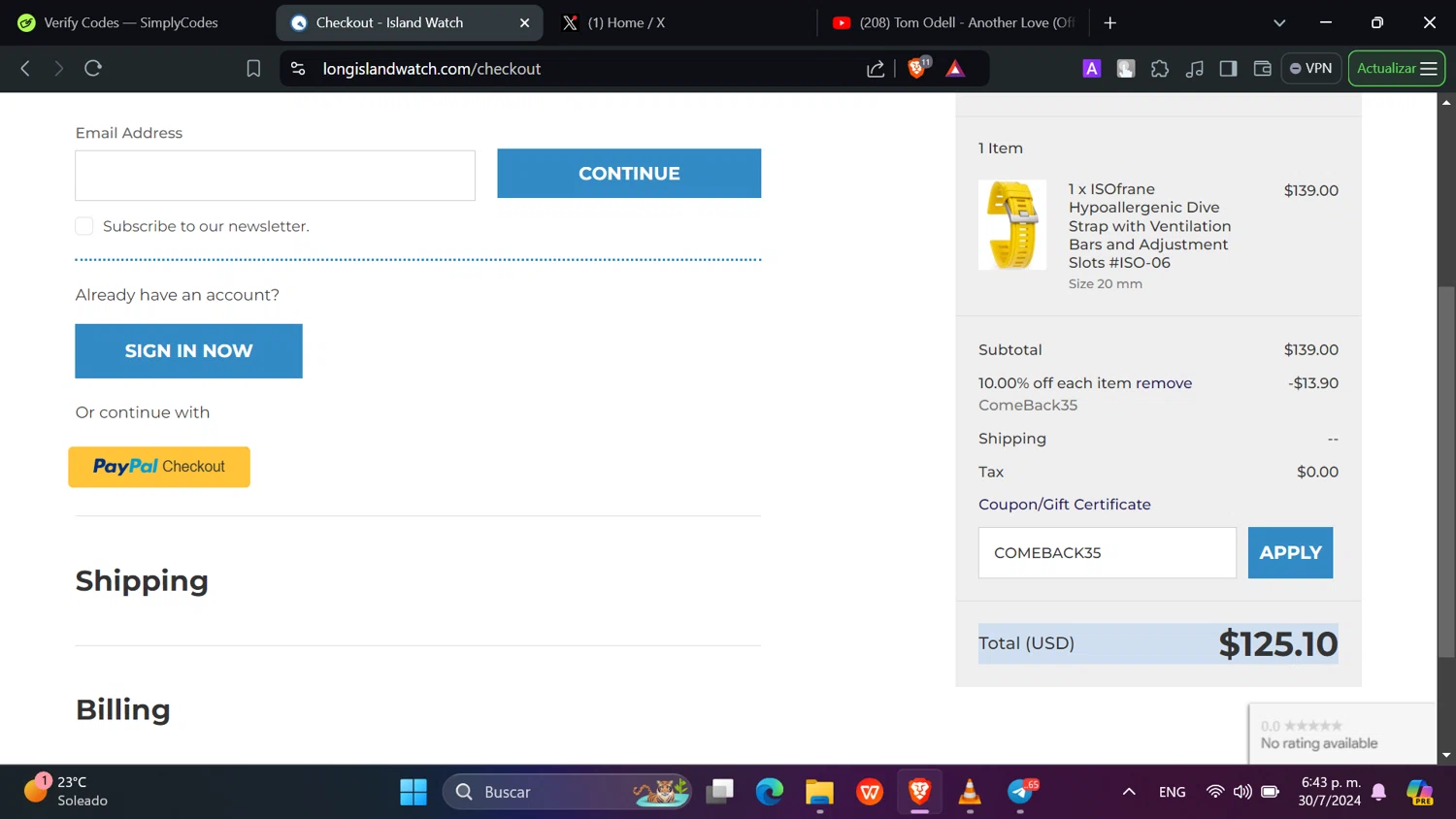 Long Island Watch checkout page showing Long Island Watch promo code box | Screenshot taken by SimplyCodes community member on Jul 30, 2024
