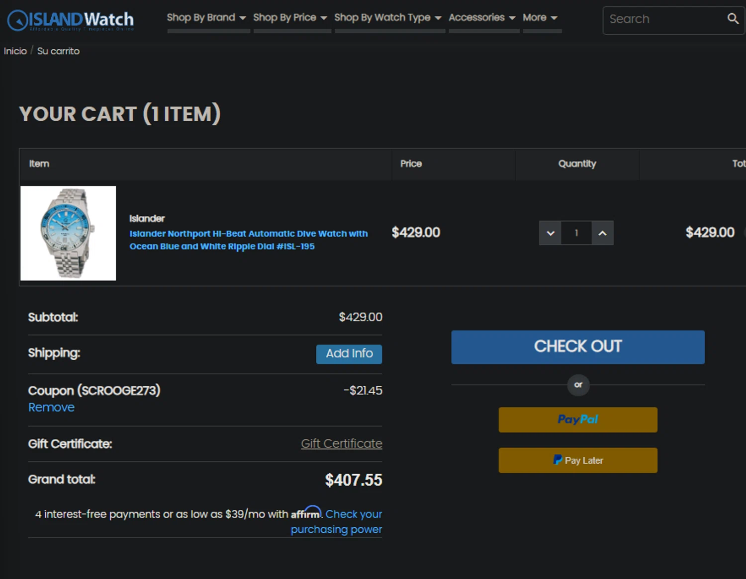 Long Island Watch checkout page showing Long Island Watch promo code box | Screenshot taken by SimplyCodes community member on Jul 31, 2024