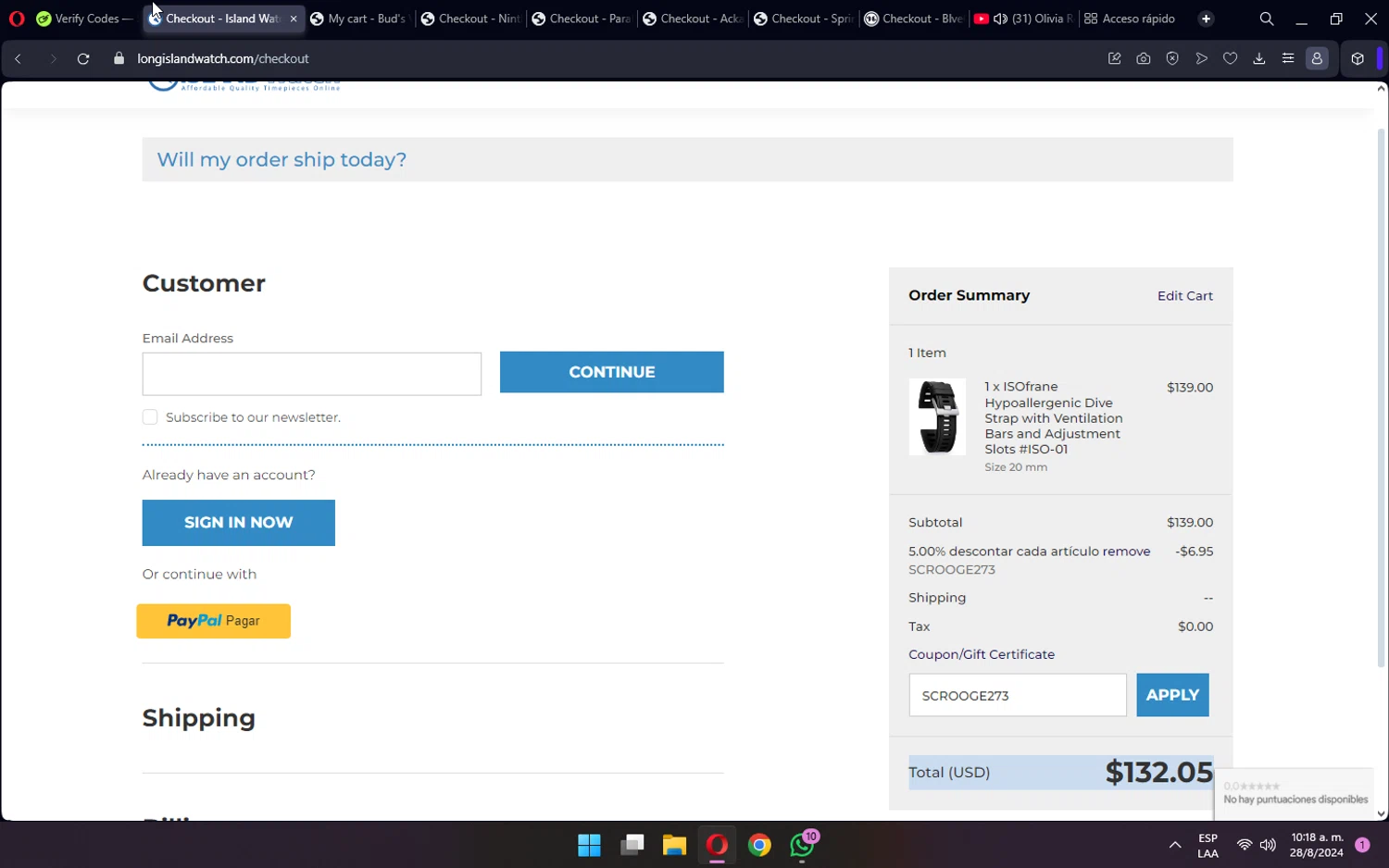 Long Island Watch checkout page showing Long Island Watch promo code box | Screenshot taken by SimplyCodes community member on Aug 28, 2024