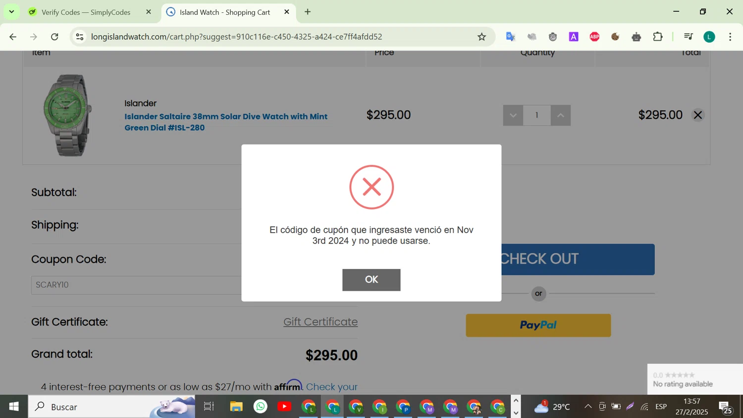 Long Island Watch promo code screenshot showing code SCARY10 applied at Long Island Watch checkout page. Uploaded by SimplyCodes community member VictoriousTiger2507 on Feb 27, 2025